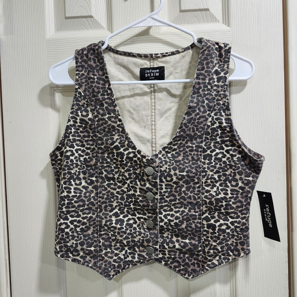 Refuge Denim Leopard Print Vest Womens Medium Brown Tan Animal Button Waistcoat